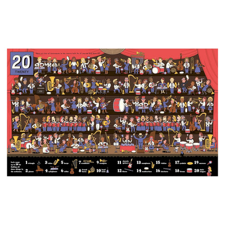 Illustration of a diverse orchestra in a concert hall with various instruments like drums, violins, and trumpets. A whimsical and lively atmosphere.