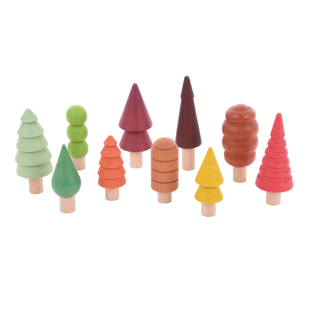 A set of wooden trees in various shapes and colors representing the four seasons, ideal for imaginative play and learning about nature.