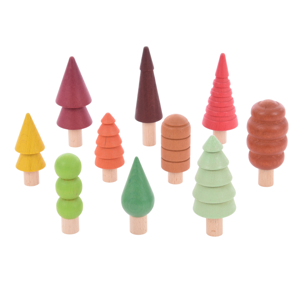 A set of wooden trees in various shapes and colors representing the four seasons, ideal for imaginative play and learning about nature.