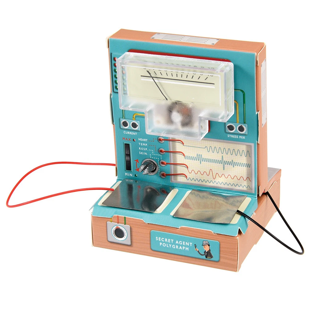 Toy polygraph machine with a retro design labeled "Secret Agent Polygraph." Features dials, a needle gauge, red and black wires, evoking a playful spy theme.
