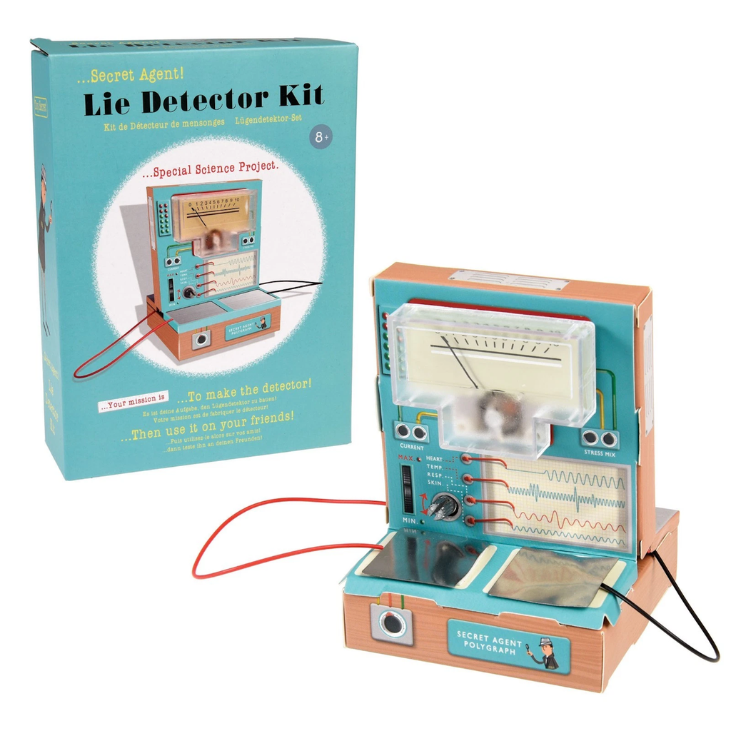 Retro-style lie detector kit for kids, featuring a turquoise box and a vintage device with wires and dials. It promotes science fun, ages 8+.