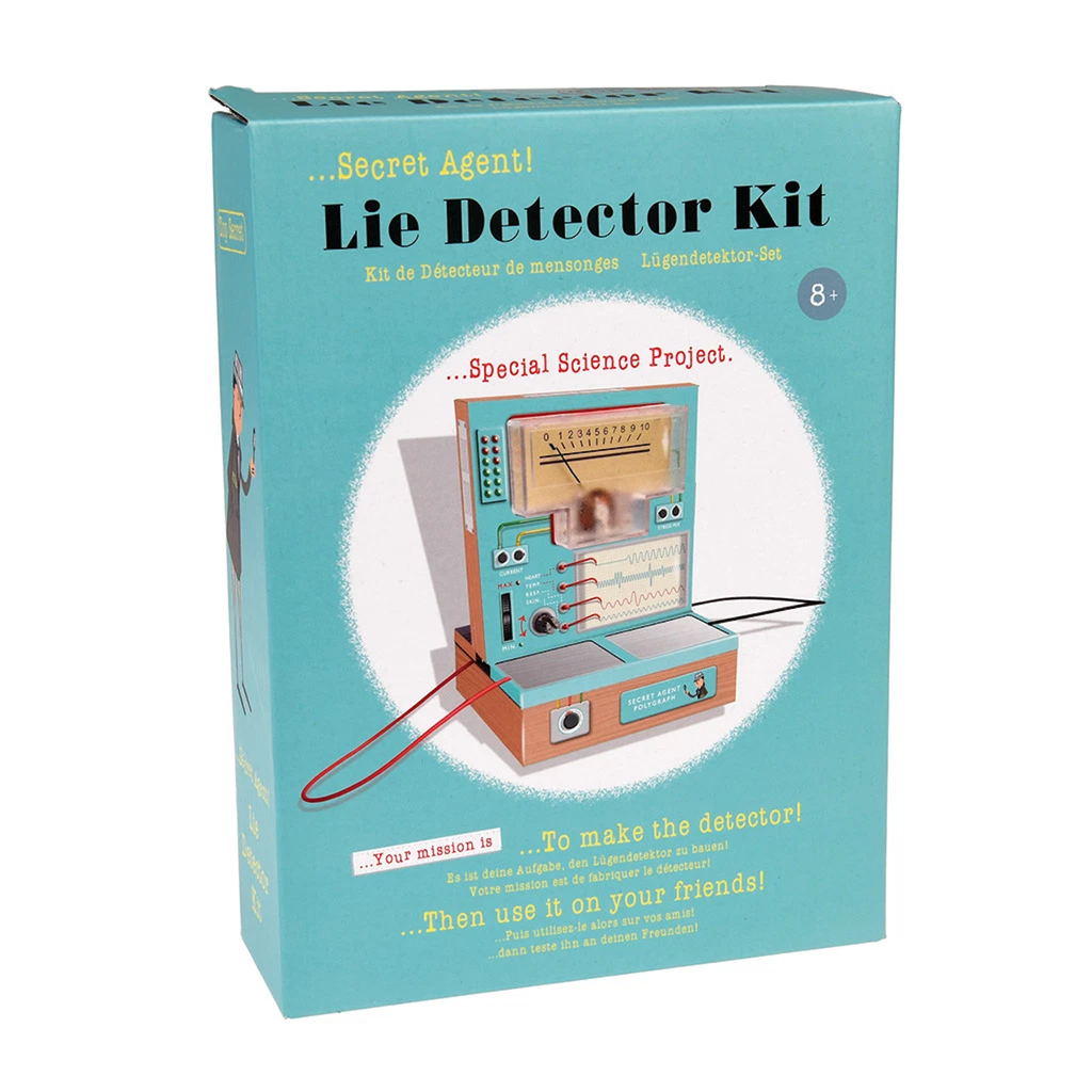 A turquoise box labeled "Lie Detector Kit" shows a playful design of a DIY lie detector for ages 8+. It emphasizes fun, science, and creativity.