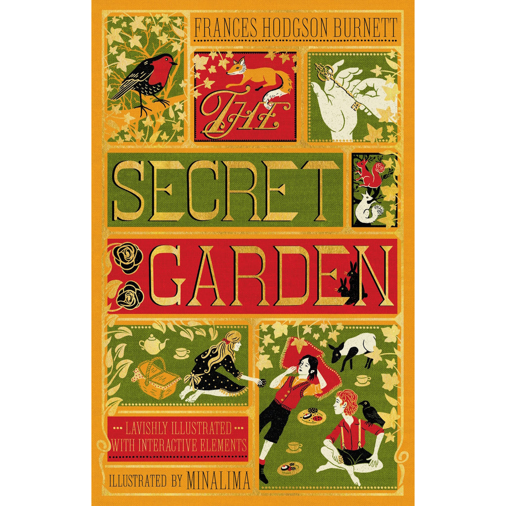 Cover of "The Secret Garden" featuring illustrated nature motifs. Bold green and red title with images of a bird, fox, key, and characters. Whimsical tone.