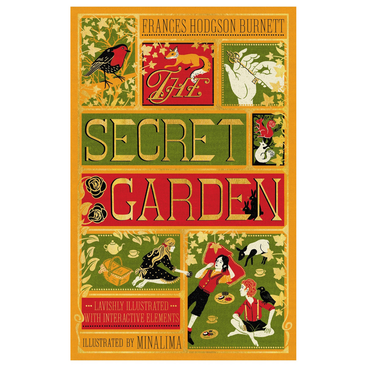 Book cover of The Secret Garden by Frances Hodgson Burnett, illustrated by MinaLima with colorful, vintage-style artwork.