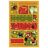 Book cover of The Secret Garden by Frances Hodgson Burnett, illustrated by MinaLima with colorful, vintage-style artwork.