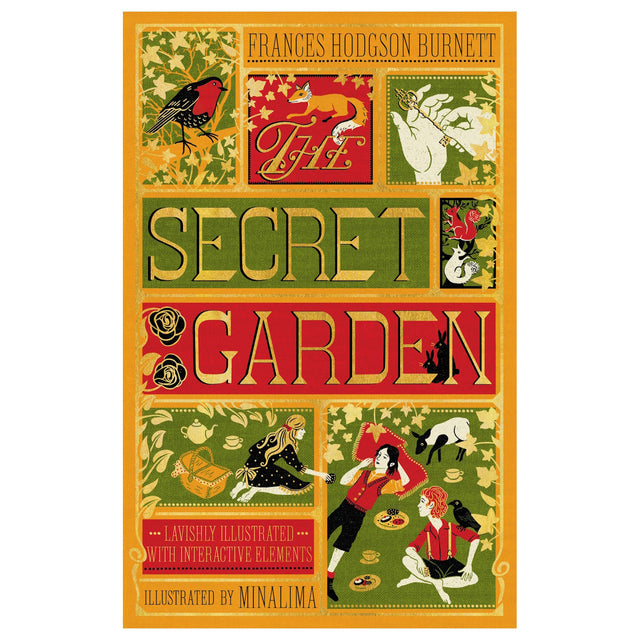 Book cover of The Secret Garden by Frances Hodgson Burnett, illustrated by MinaLima with colorful, vintage-style artwork.