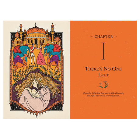 Illustrated book spread for The Secret Garden Chapter 1 with colorful Indian-inspired art and orange title page.