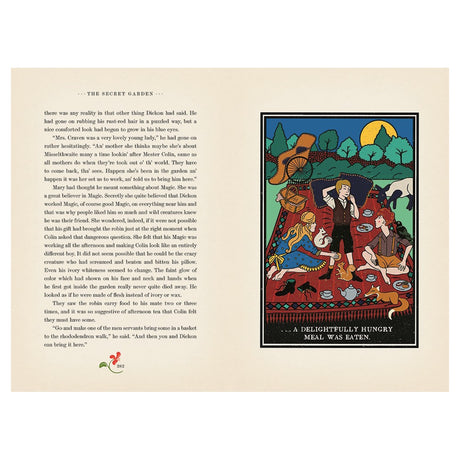 Open book spread of "The Secret Garden" featuring a colorful illustration of a picnic with Mary, Colin, and Dickon.
