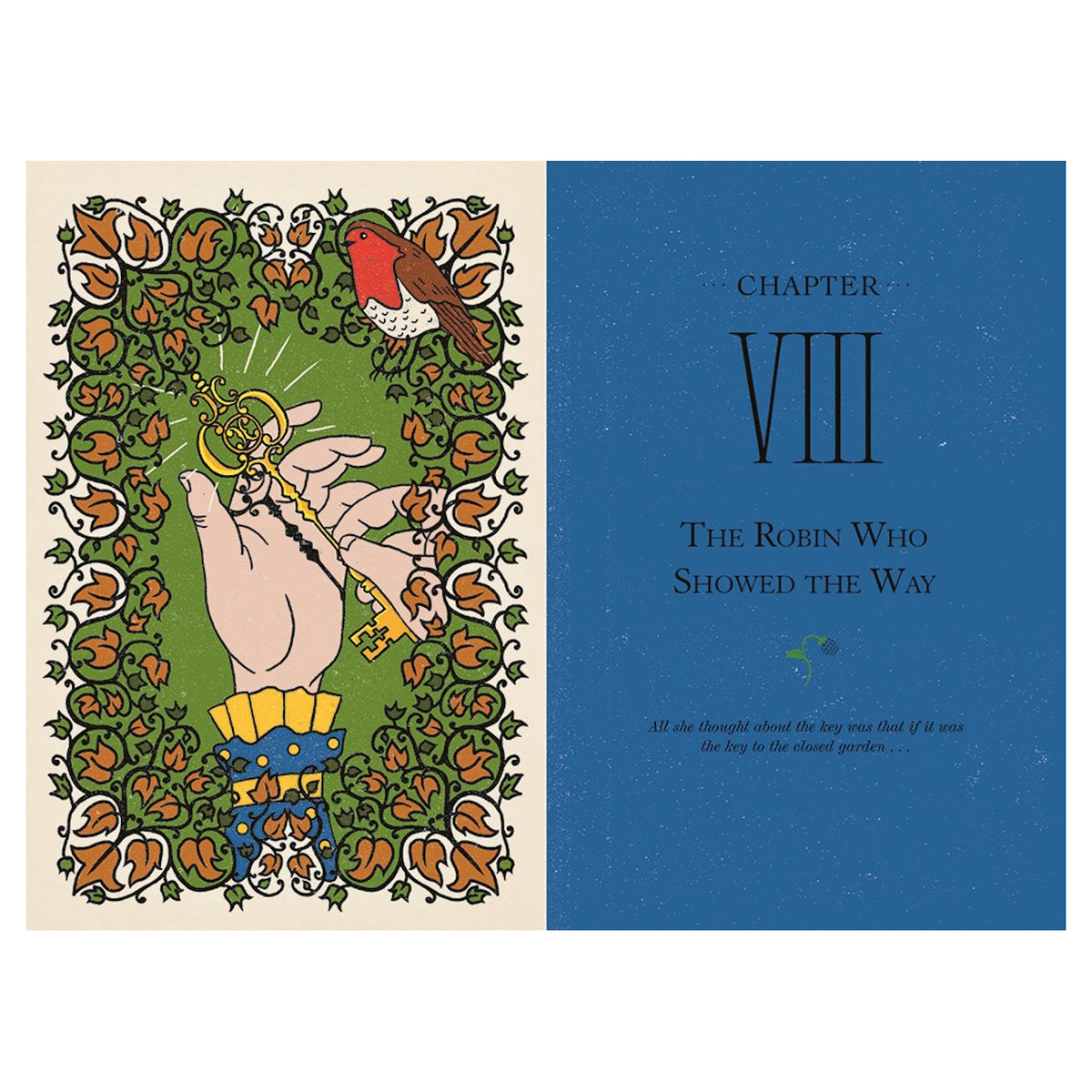 Illustration of a hand holding a golden key for Chapter 8 of The Secret Garden with a robin and ornate vine border.