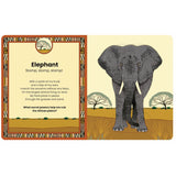 Illustrated children's book page featuring an elephant on the African savanna with a descriptive poem and tribal border.