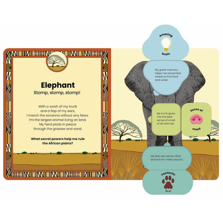 Children's educational book spread about African elephants featuring fun facts, a poem, and sensory diagrams.