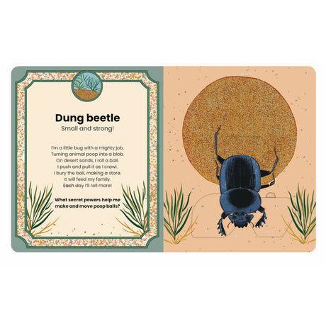 Dung beetle illustration in a children's book rolling a ball of dung on a desert background with descriptive poem.