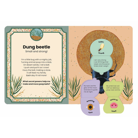 Dung beetle children's book page with facts about strength, night vision, and sense of smell using interactive lift flaps.