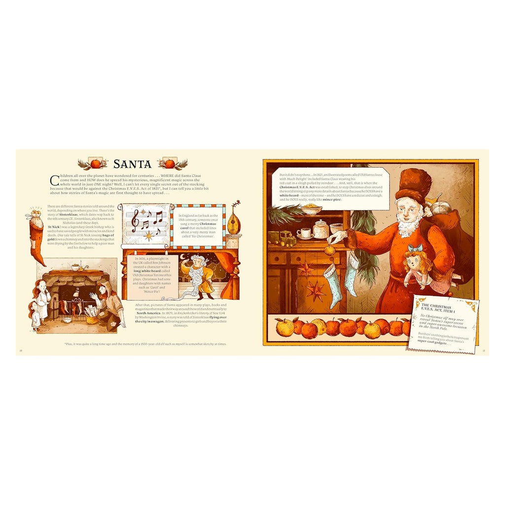 Two-page book spread featuring Santa Claus. Left page: text and illustrations of elves in a workshop. Right page: Santa in a warm room with stockings and gifts, holding a doll. Cozy, festive atmosphere.