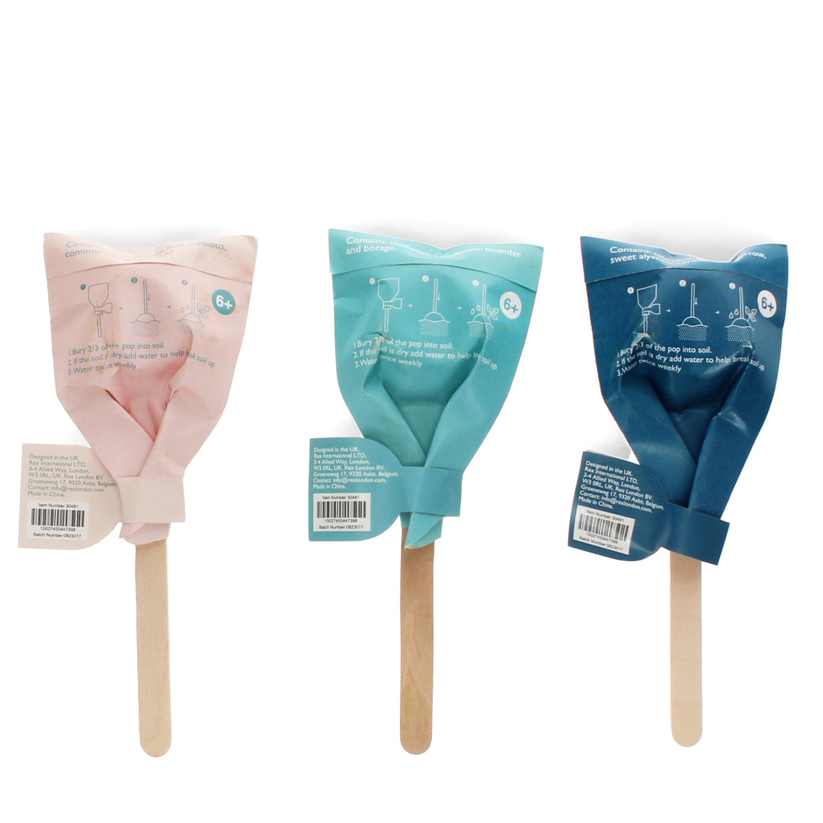 Back view of pink, teal, and blue seed pops on wooden sticks showing planting instructions and barcodes.