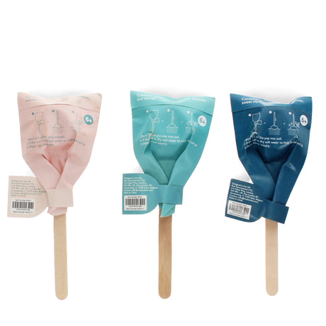 Back view of pink, teal, and blue seed pops on wooden sticks showing planting instructions and barcodes.
