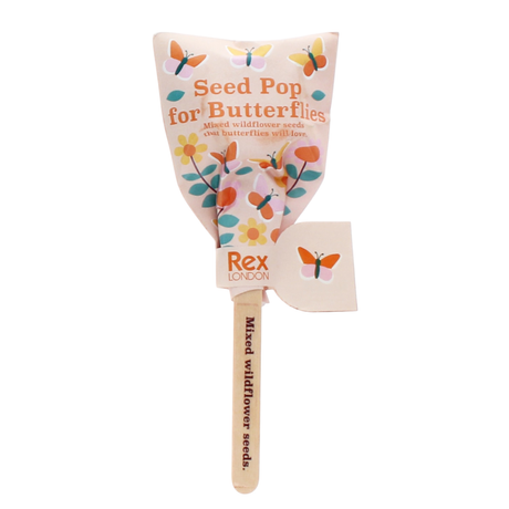 Rex London Seed Pop for Butterflies packaging with wildflower illustrations and "Mixed wildflower seeds" on a wooden stick.