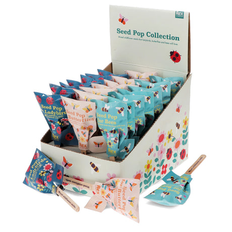 Rex London Seed Pop Collection display box with wildflower seed packets for ladybirds, butterflies, and bees.