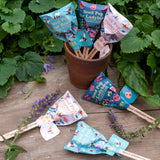 Wildflower seed pops for bees, ladybirds, and butterflies in a terracotta pot outdoors on a wooden surface.