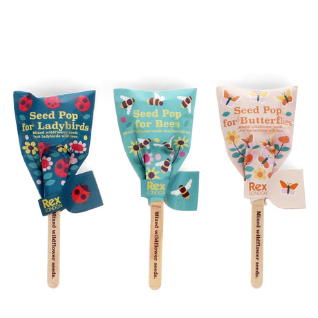 Rex London mixed wildflower seed pops for ladybirds, bees, and butterflies. Lolly-style garden seed gifts on wooden sticks.