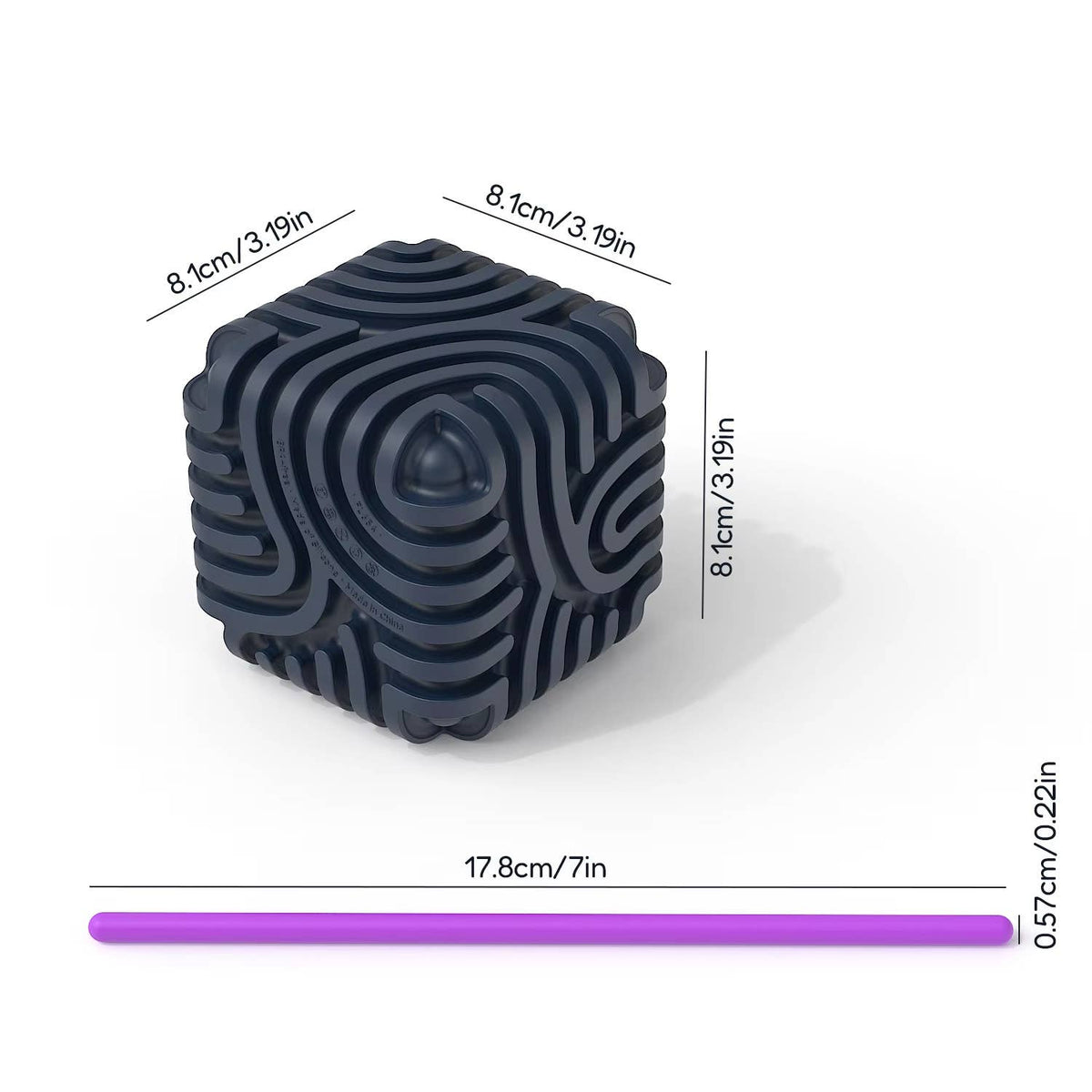 Black grooved sensory cube and flexible stick labeled with dimensional measurements.