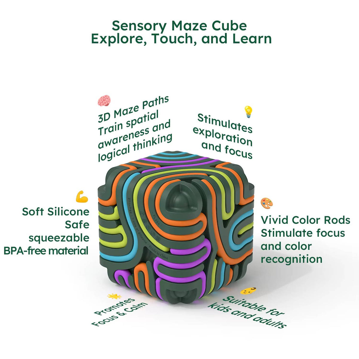 Infographic detailing features of a sensory maze cube with colorful rods and benefits text.