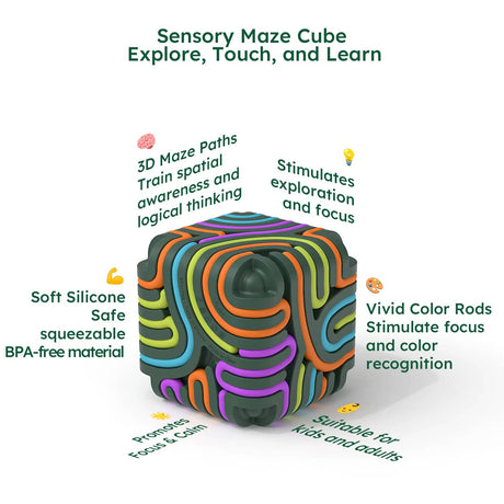 Infographic detailing features of a sensory maze cube with colorful rods and benefits text.