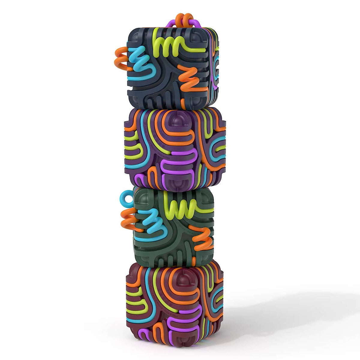 Four stacked sensory maze cubes threaded with colorful flexible sticks.