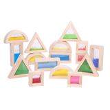 A set of wooden blocks with different textures, sounds, and visual elements, designed to engage children's senses and support early development.