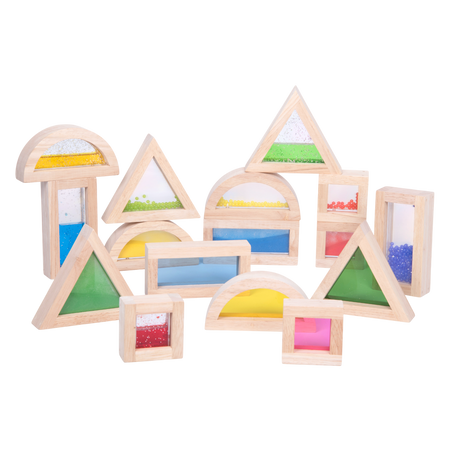 A set of wooden blocks with different textures, sounds, and visual elements, designed to engage children's senses and support early development.