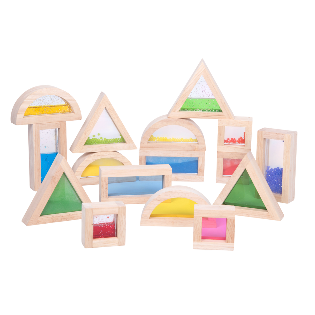 A set of wooden blocks with different textures, sounds, and visual elements, designed to engage children's senses and support early development.