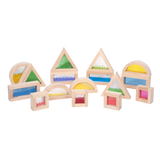 A set of wooden blocks with different textures, sounds, and visual elements, designed to engage children's senses and support early development.
