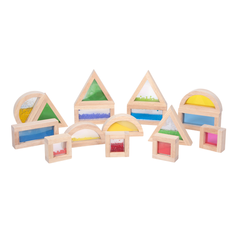 A set of wooden blocks with different textures, sounds, and visual elements, designed to engage children's senses and support early development.