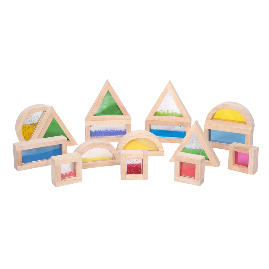 A set of wooden blocks with different textures, sounds, and visual elements, designed to engage children's senses and support early development.