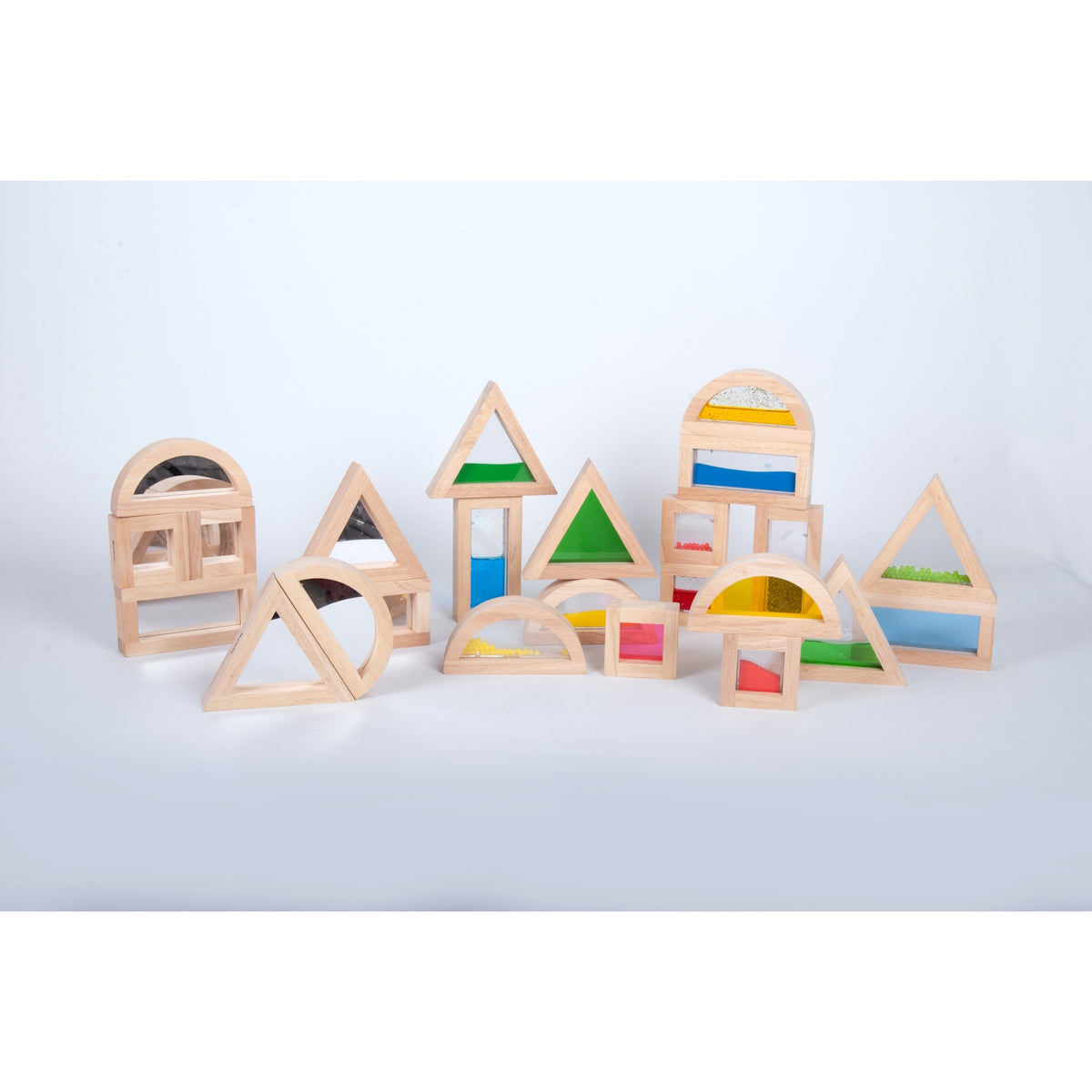 A set of wooden blocks with different textures, sounds, and visual elements, designed to engage children's senses and support early development.