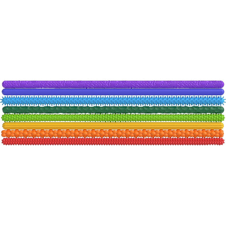 Eight colorful sensory fidget sticks with various textures stacked horizontally.