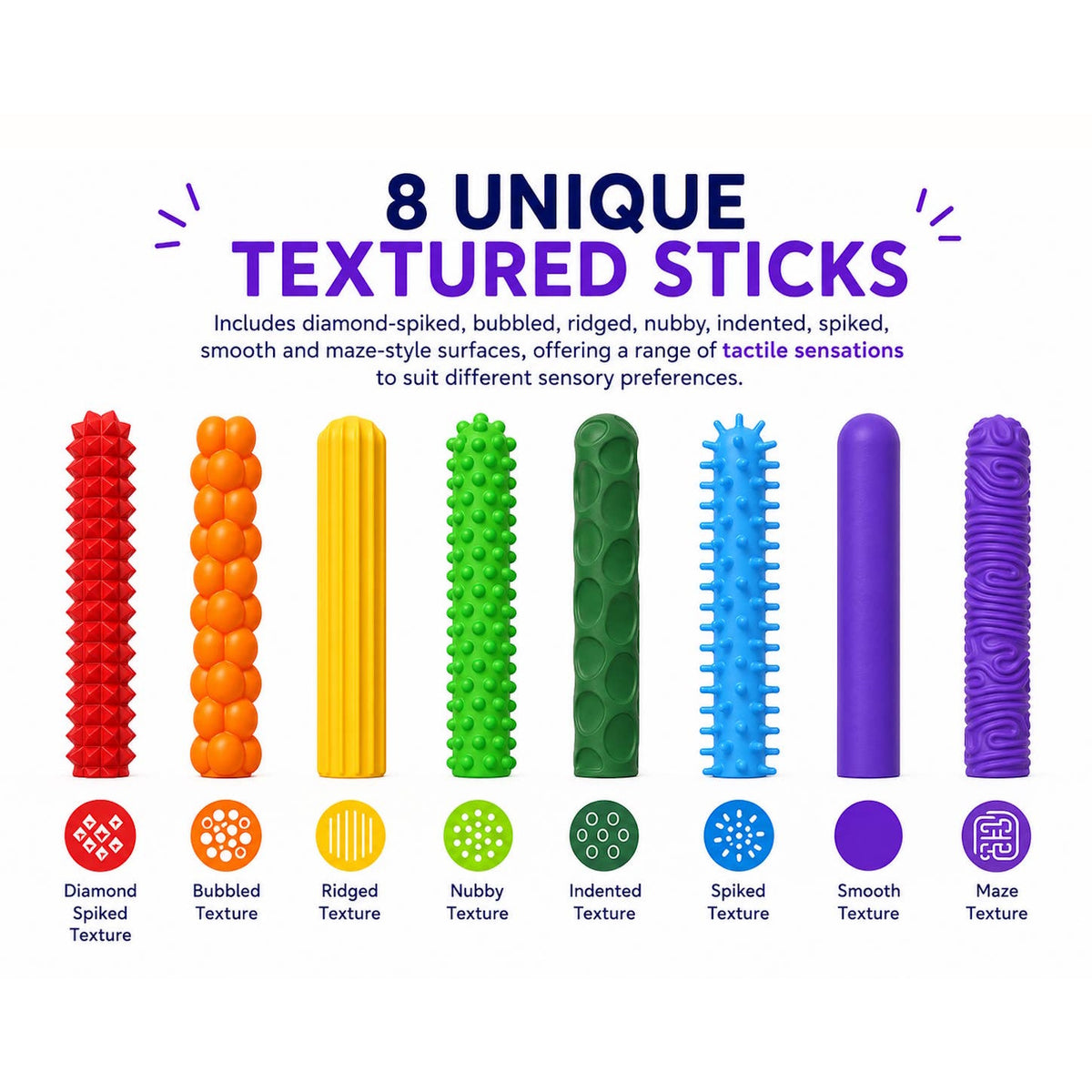Infographic showing 8 colorful sensory fidget sticks with different unique surface textures.