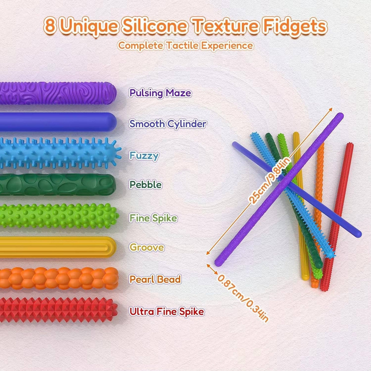 8 colorful, textured silicone fidget sticks displayed with labels and length measurements.
