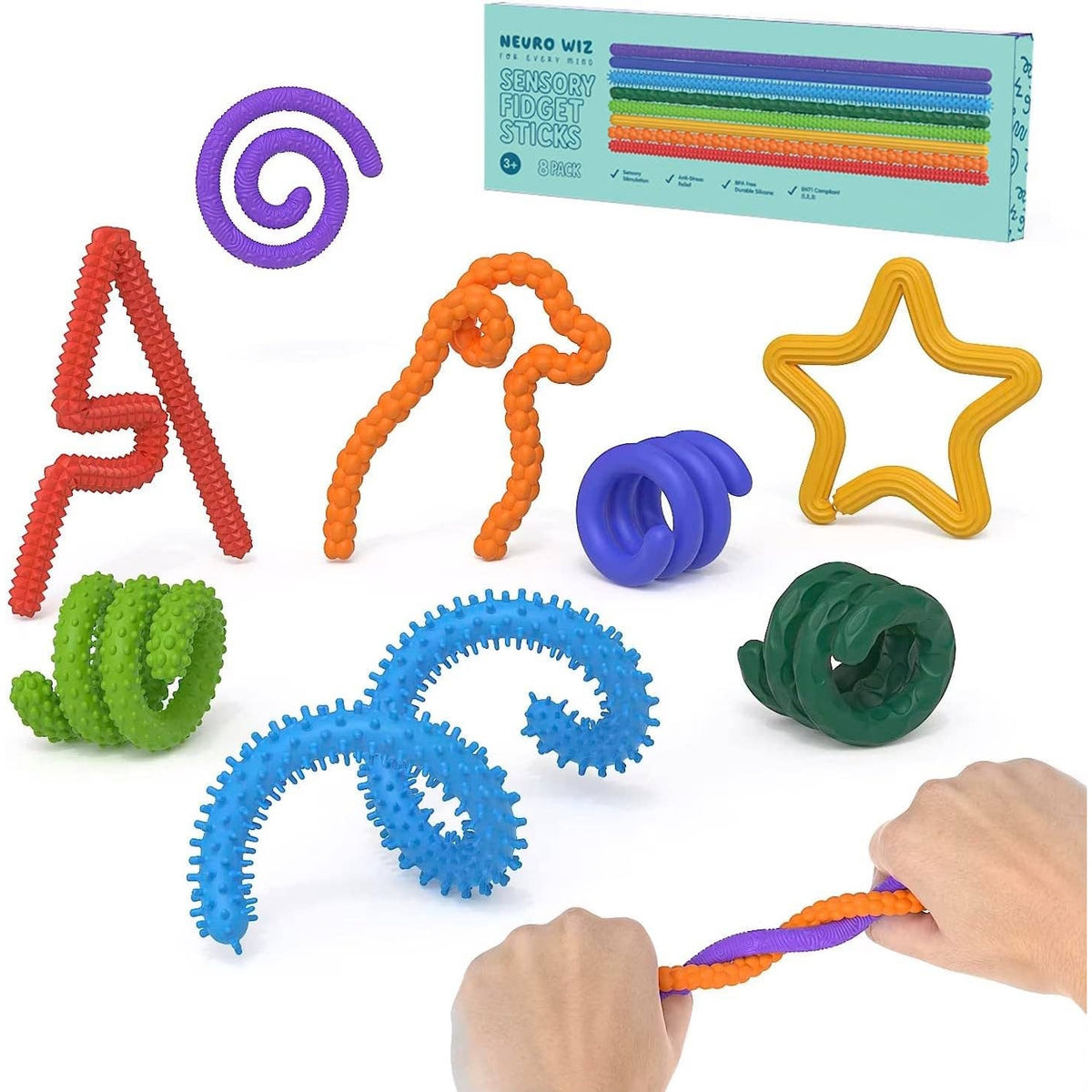 Colorful, textured sensory fidget sticks bent into shapes, with hands twisting two together.