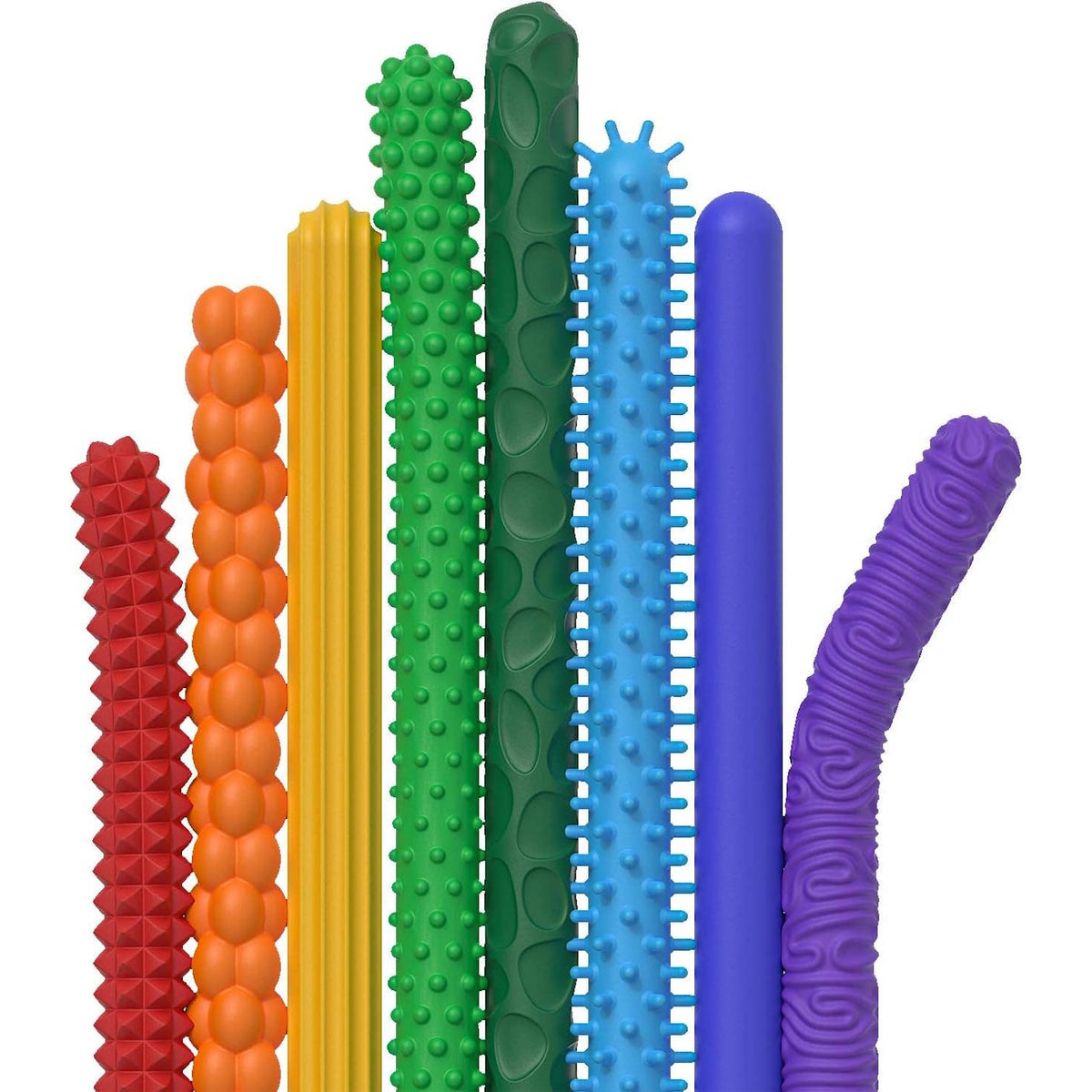 Eight colorful sensory fidget sticks lined up, each with a unique tactile textured surface.