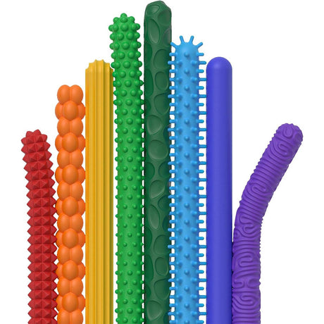 Eight colorful sensory fidget sticks lined up, each with a unique tactile textured surface.