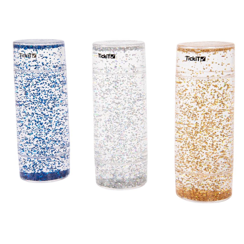 A collection of clear tubes filled with swirling glitter in vibrant colors, designed to provide visual stimulation and calming sensory input.