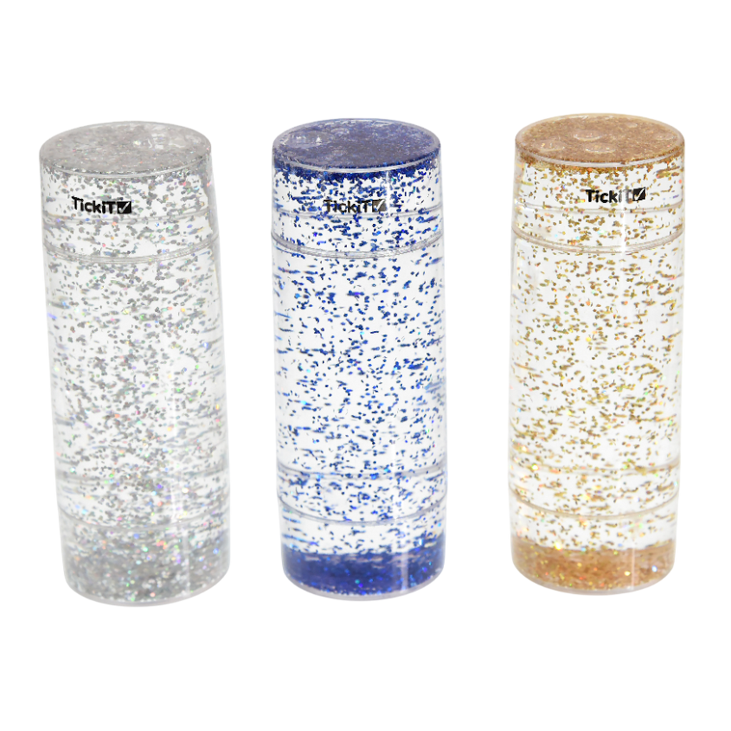 A collection of clear tubes filled with swirling glitter in vibrant colors, designed to provide visual stimulation and calming sensory input.