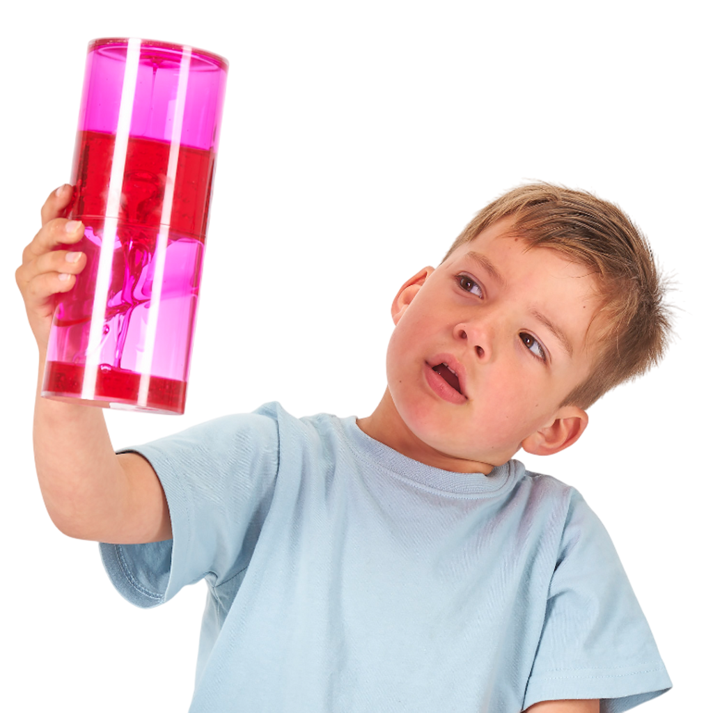 A large, clear tube filled with slow-moving, colorful liquid, designed to captivate attention and support calming sensory experiences.