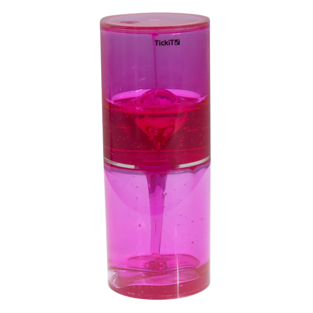 A large, clear tube filled with slow-moving, colorful liquid, designed to captivate attention and support calming sensory experiences.