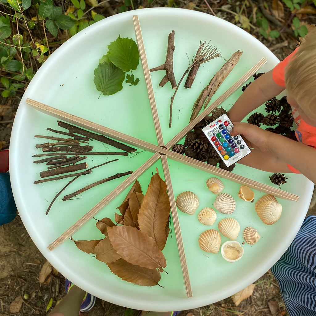 A round table with eight sections is divided by wooden slats. Each section contains different natural items: leaves, sticks, pinecones, and seashells. A child, visible from the side wearing an orange shirt, holds a colorful remote, possibly setting a playful, curious atmosphere.