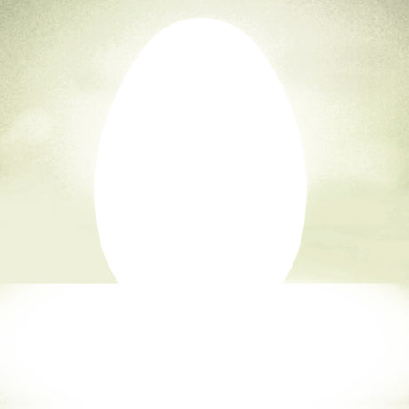A large, glowing white egg-shaped object centered on a muted greenish-gray background, conveying a mysterious and serene atmosphere.
