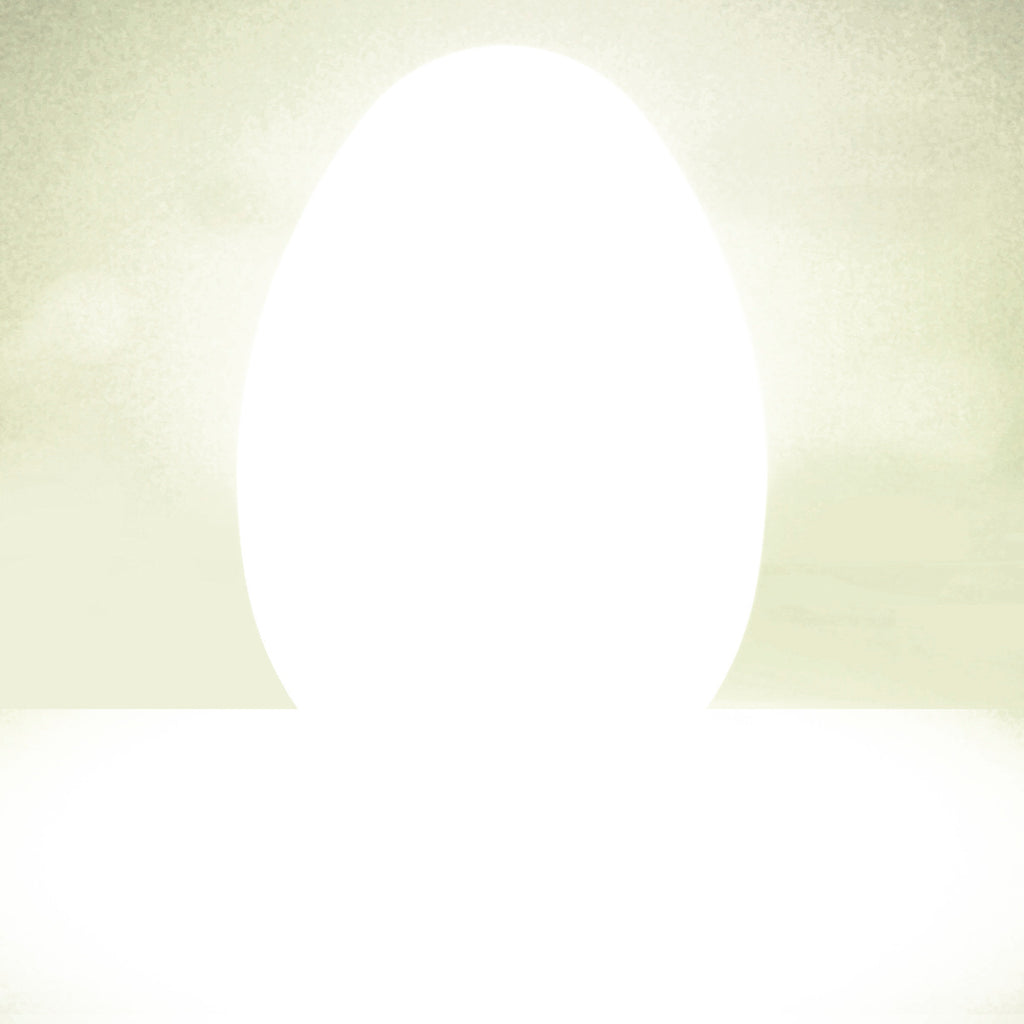 A large, glowing white egg-shaped object centered on a muted greenish-gray background, conveying a mysterious and serene atmosphere.