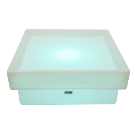 An illuminated square LED table with a raised edge, designed for sensory exploration, water play, and interactive learning.