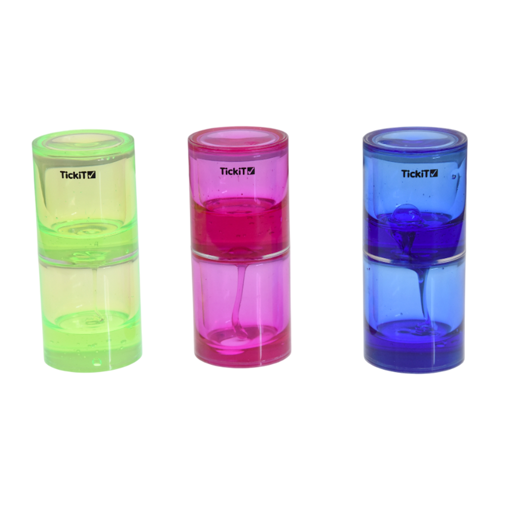 A trio of transparent tubes filled with slow-moving, colorful gel, designed to engage visual attention and support calming sensory play.